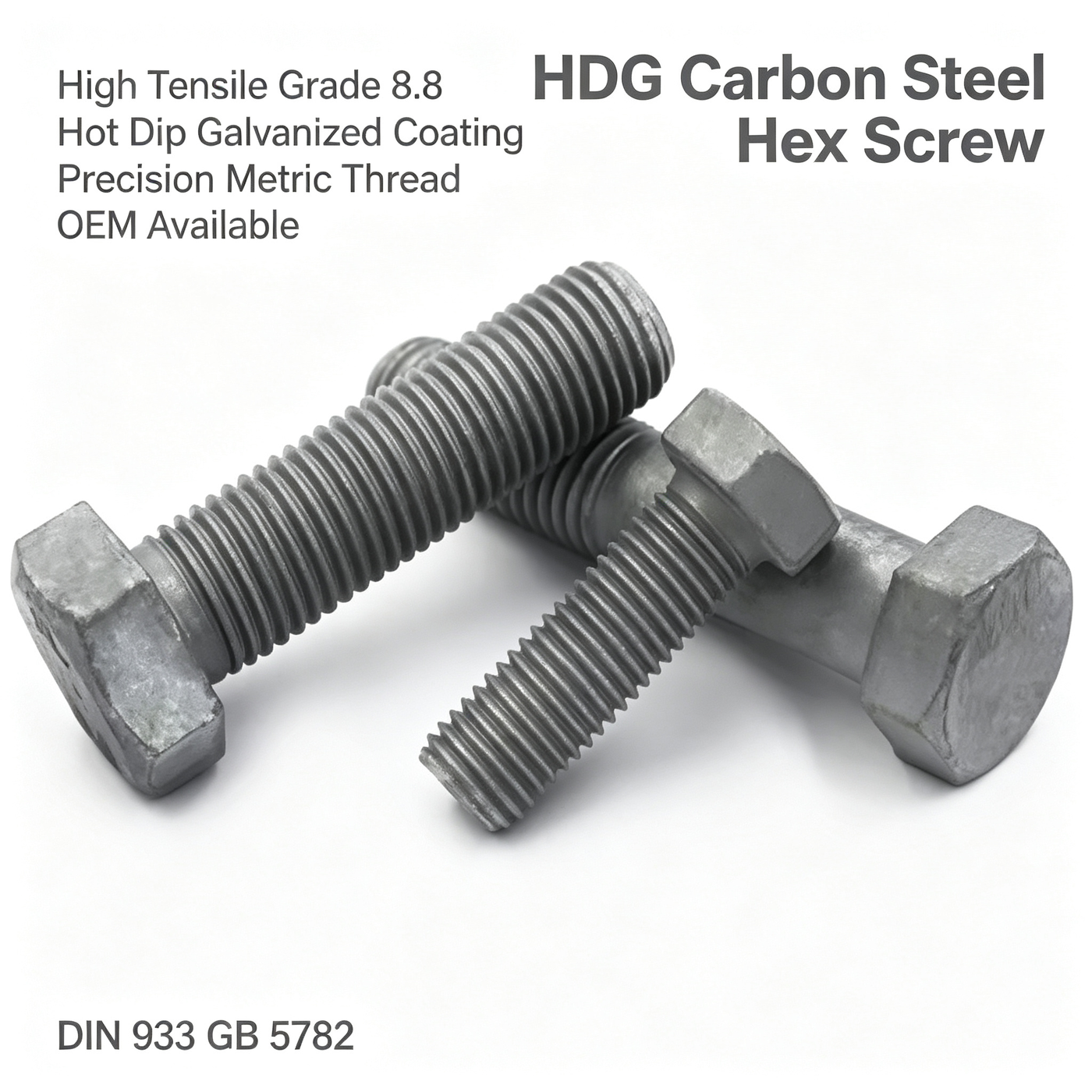 DIN933 GB5782 Grade 8.8 Carbon Steel Hex Head Bolts, Hot-Dip Galvanized Metric Screws M6-M64, Industrial Fasteners, OEM Wholesale